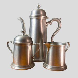 JOSTEN'S PEWTER COFFEE TEA POT Sugar Bowl Creamer Set Marked 130 Vintage Lovely
